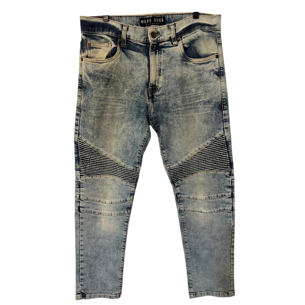 Marc Ecko Acid Wash Cut & Sew Biker Jeans Mens 34x30 Blue Denim Moto‎ Ribbed